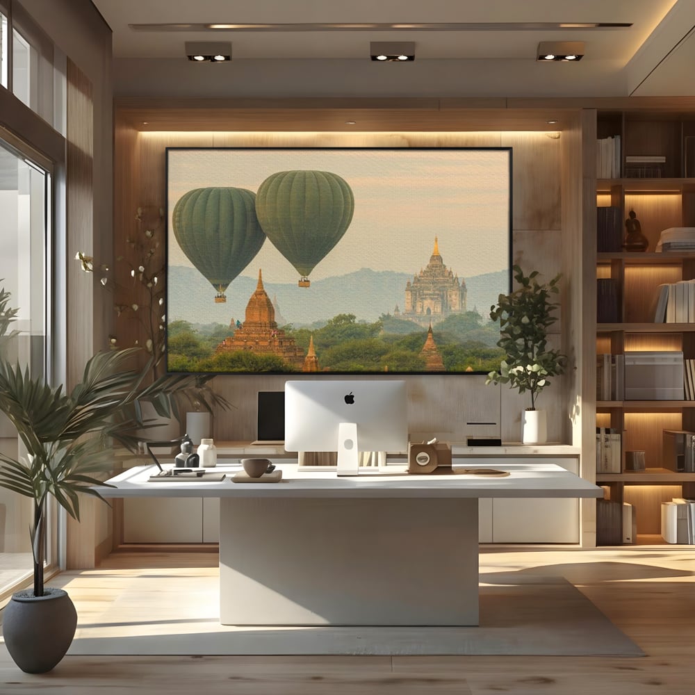 Tablou canvas cu tablou canvas cu peisaj din myanmar, in rama de aluminiu negru, pe perete intr-un birou